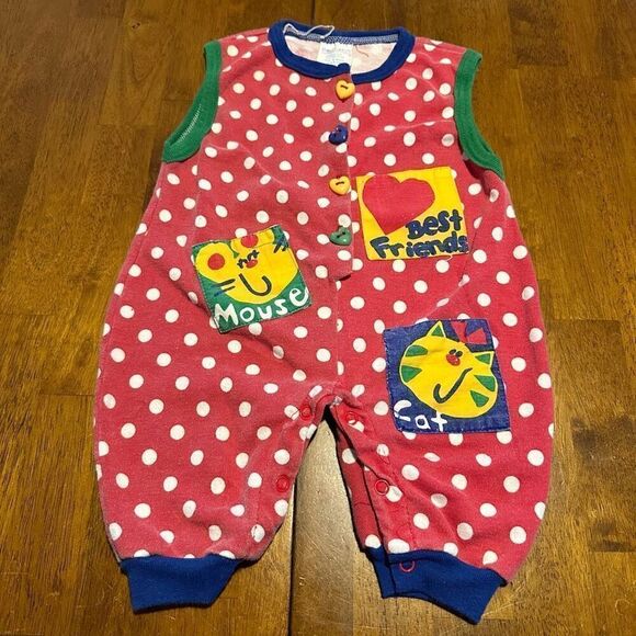 VTG 90s Hopscotch Baby One Piece Jumpsuit Red Polka Dot Cat Mouse Sz 6-9 Months - Picture 1 of 10